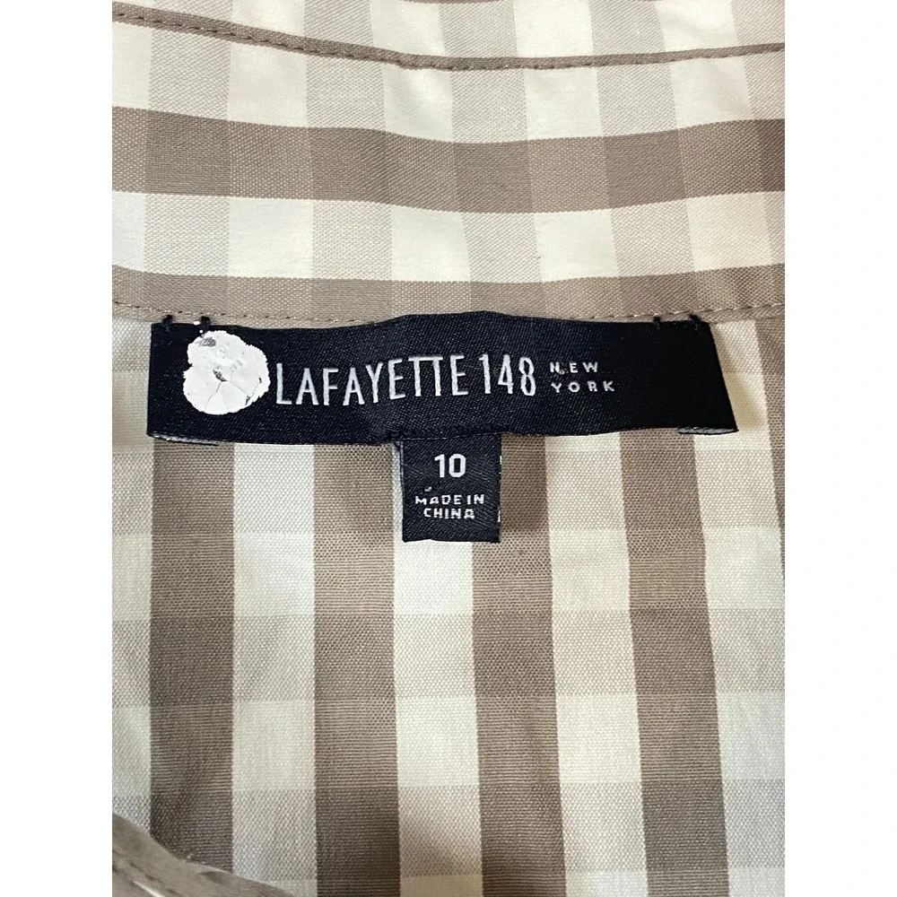 Lafayette 148 New York Taupe Gingham Check Hidden Button Down Shirt Size 10 - Picture 3 of 9